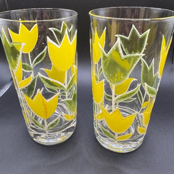 5 VINTAGE CULVER YELLOW & GREEN TULIP GLASSES Tumblers 1970’s 7"T - Picture 6 of 7